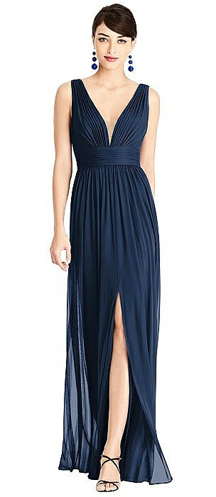 Illusion Plunge Neck Shirred Maxi Dress