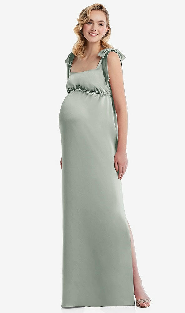 Front View - Willow Green Flat Tie-Shoulder Empire Waist Maternity Dress