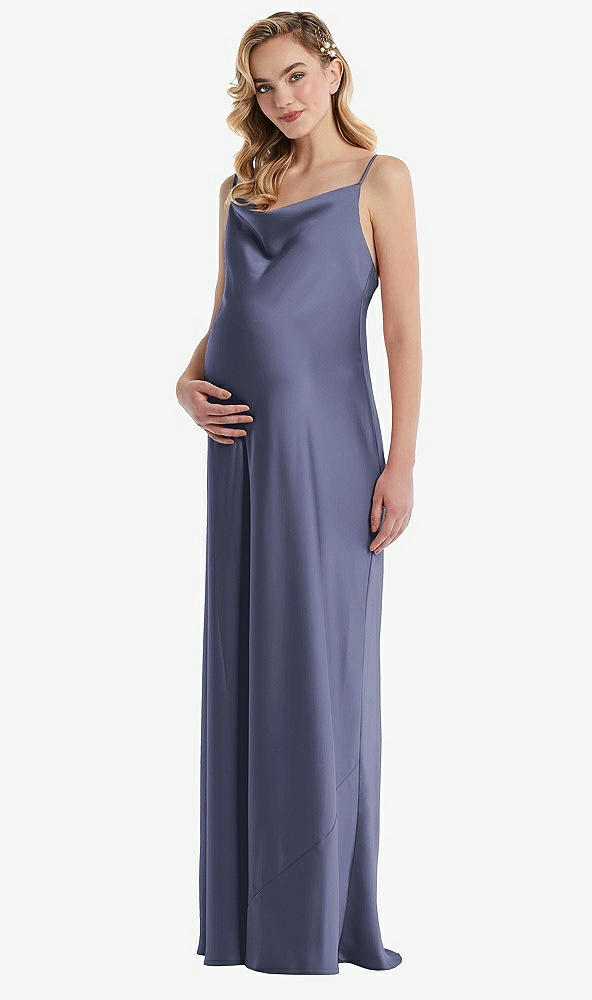 Front View - French Blue Cowl-Neck Tie-Strap Maternity Slip Dress