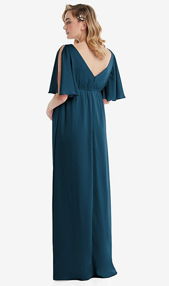 Back View - Atlantic Blue Flutter Bell Sleeve Empire Maternity Dress