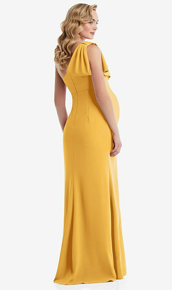 Back View - NYC Yellow One-Shoulder Ruffle Sleeve Maternity Trumpet Gown