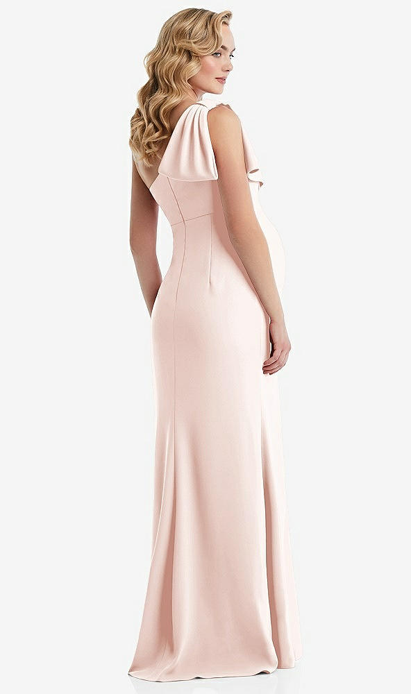 Back View - Blush One-Shoulder Ruffle Sleeve Maternity Trumpet Gown