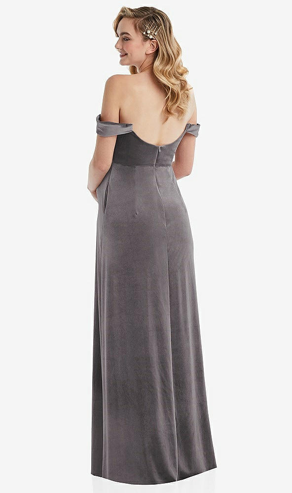 Back View - Caviar Gray Off-the-Shoulder Flounce Sleeve Velvet Maternity Dress