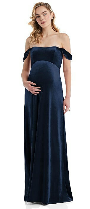 Off-the-Shoulder Flounce Sleeve Velvet Maternity Dress