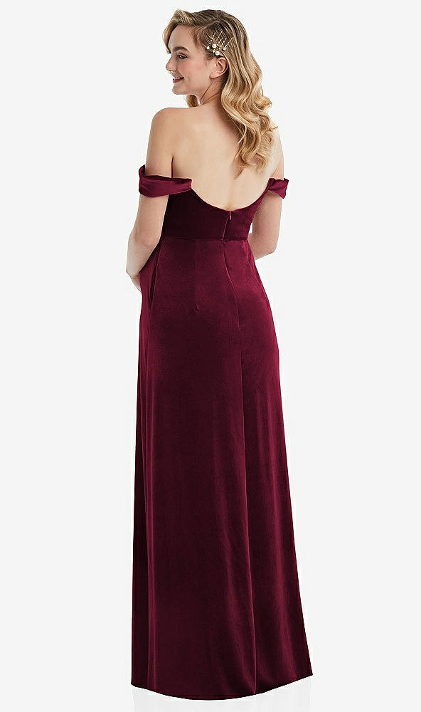 Back View - Cabernet Off-the-Shoulder Flounce Sleeve Velvet Maternity Dress