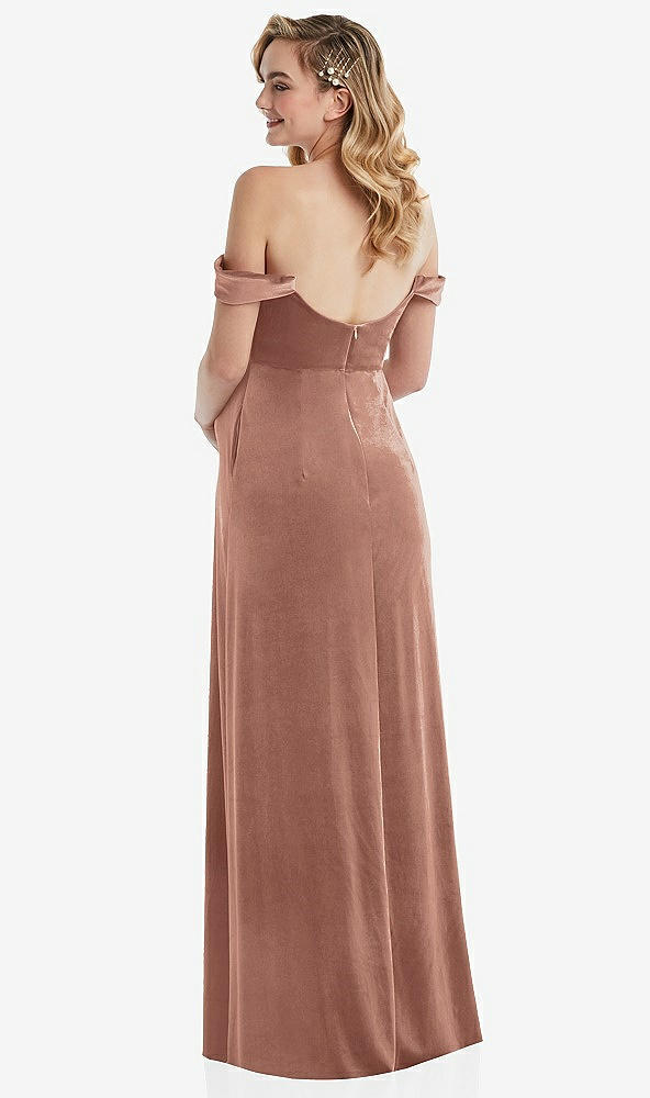 Back View - Tawny Rose Off-the-Shoulder Flounce Sleeve Velvet Maternity Dress