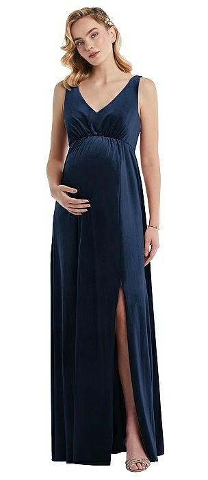 V-Neck Closed-Back Velvet Maternity Dress with Pockets