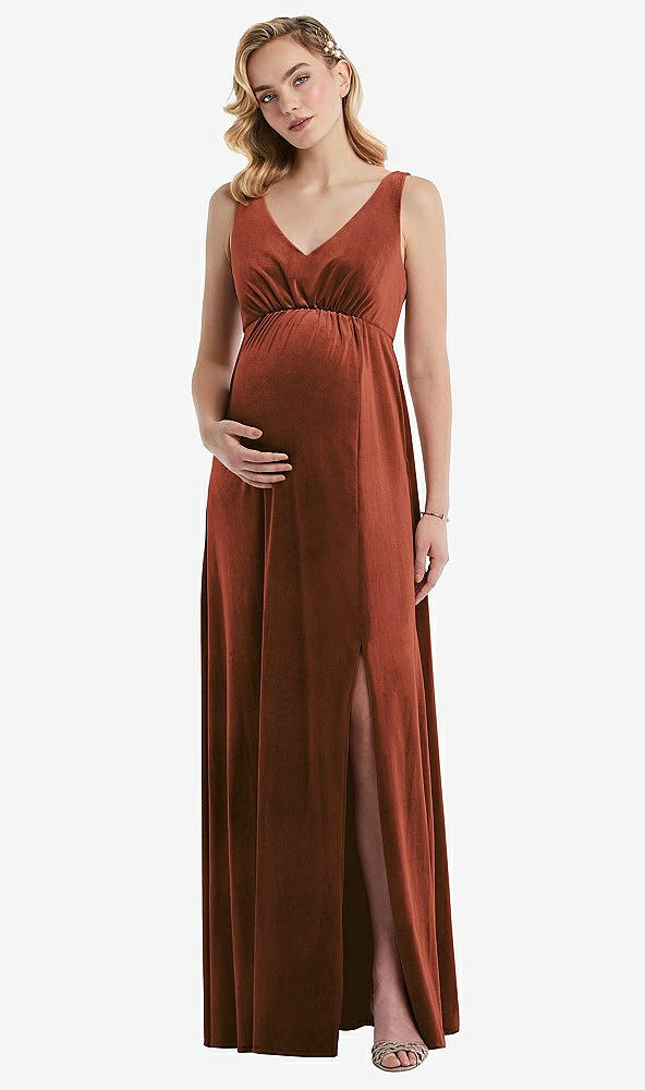 Front View - Auburn Moon V-Neck Closed-Back Velvet Maternity Dress with Pockets