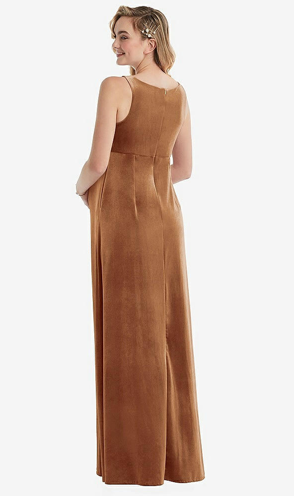 Back View - Golden Almond V-Neck Closed-Back Velvet Maternity Dress with Pockets