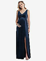 Front View Thumbnail - Midnight Navy V-Neck Closed-Back Velvet Maternity Dress with Pockets