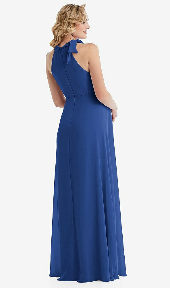 Back View - Classic Blue Scarf Tie High Neck Halter Chiffon Maternity Dress