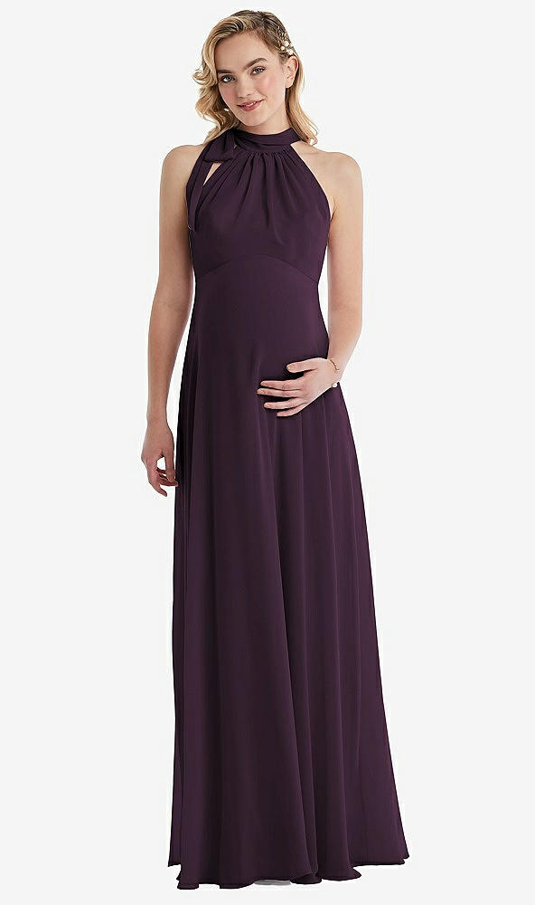 Front View - Aubergine Scarf Tie High Neck Halter Chiffon Maternity Dress