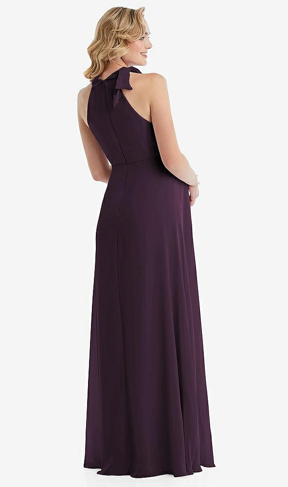 Back View - Aubergine Scarf Tie High Neck Halter Chiffon Maternity Dress