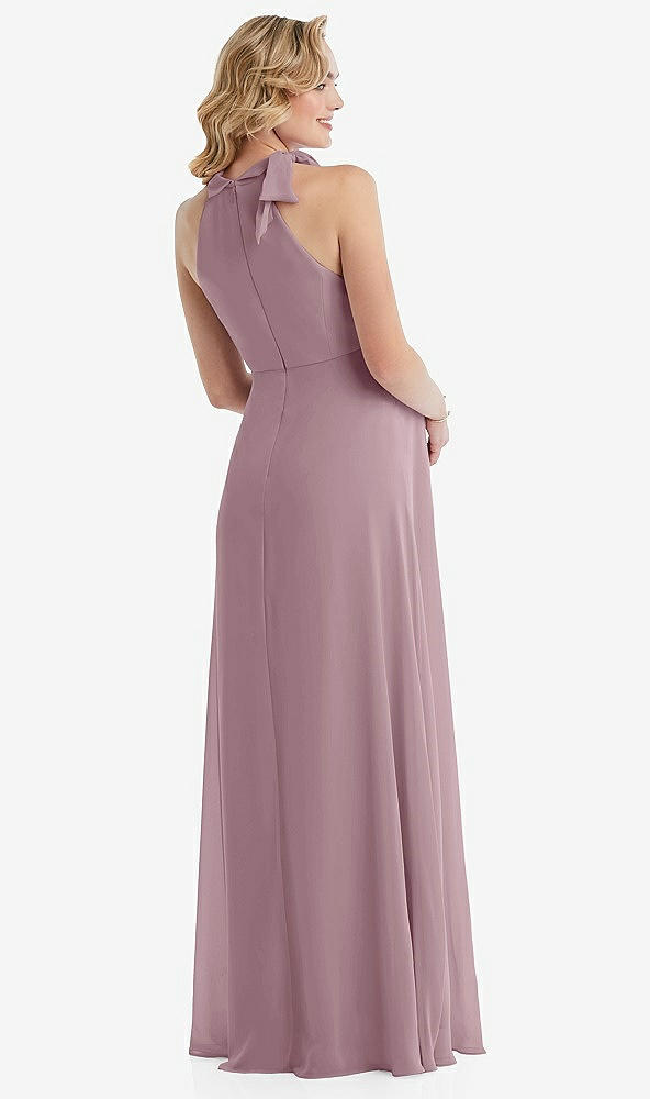 Back View - Dusty Rose Scarf Tie High Neck Halter Chiffon Maternity Dress