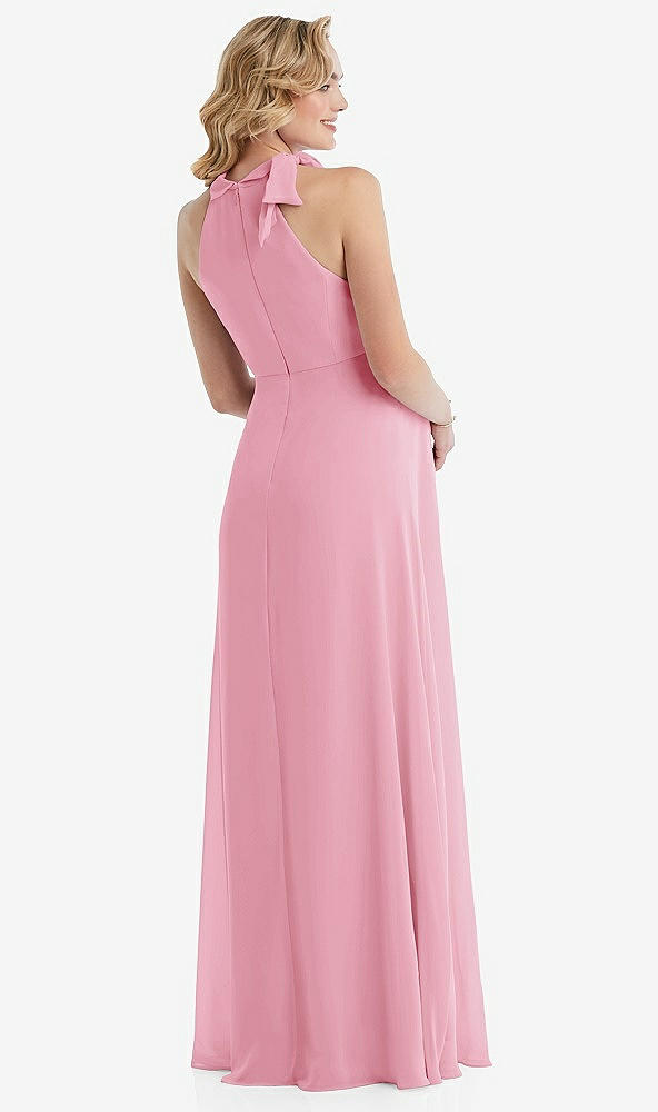 Back View - Peony Pink Scarf Tie High Neck Halter Chiffon Maternity Dress