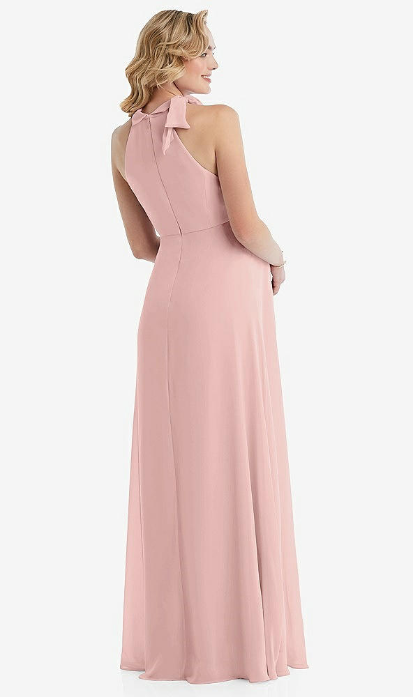 Back View - Rose - PANTONE Rose Quartz Scarf Tie High Neck Halter Chiffon Maternity Dress