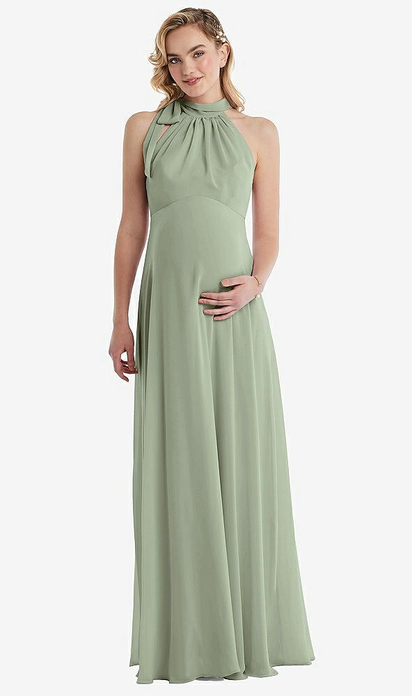 Front View - Sage Scarf Tie High Neck Halter Chiffon Maternity Dress