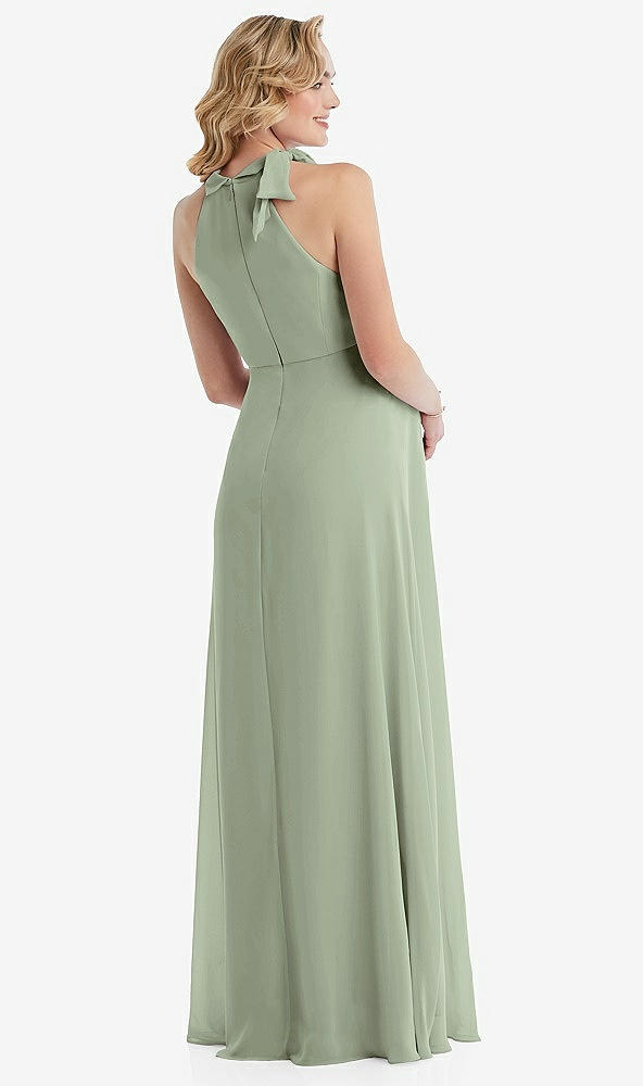 Back View - Sage Scarf Tie High Neck Halter Chiffon Maternity Dress