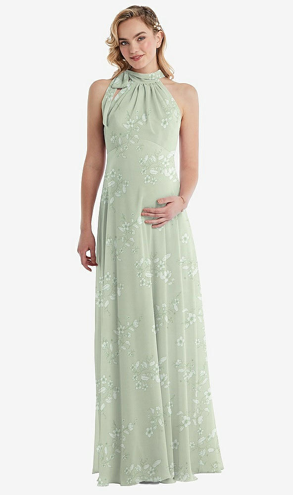 Front View - Vintage Primrose Sage Scarf Tie High Neck Halter Chiffon Maternity Dress