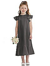 Front View Thumbnail - Caviar Gray Flutter Sleeve Ruffle-Hem Satin Flower Girl Dress