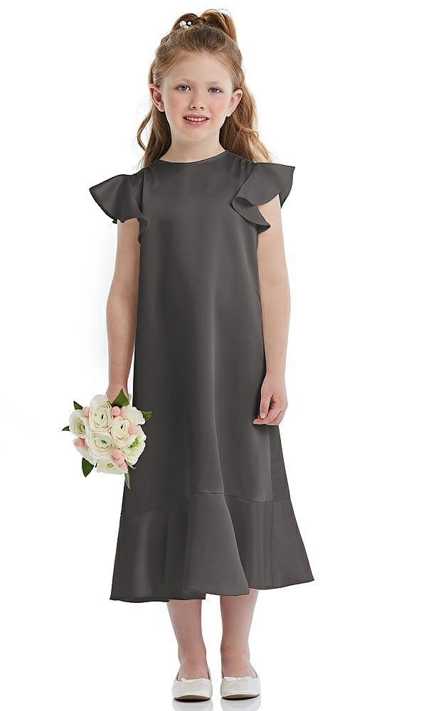 Front View - Caviar Gray Flutter Sleeve Ruffle-Hem Satin Flower Girl Dress