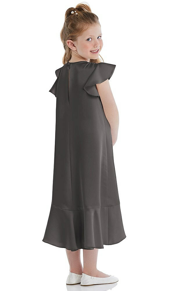 Back View - Caviar Gray Flutter Sleeve Ruffle-Hem Satin Flower Girl Dress