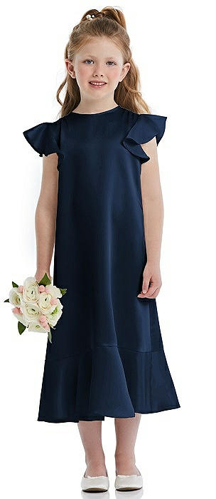 Flutter Sleeve Ruffle-Hem Satin Flower Girl Dress