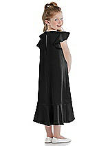 Rear View Thumbnail - Black Flutter Sleeve Ruffle-Hem Satin Flower Girl Dress