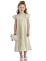 Front View Thumbnail - Champagne Flutter Sleeve Ruffle-Hem Satin Flower Girl Dress