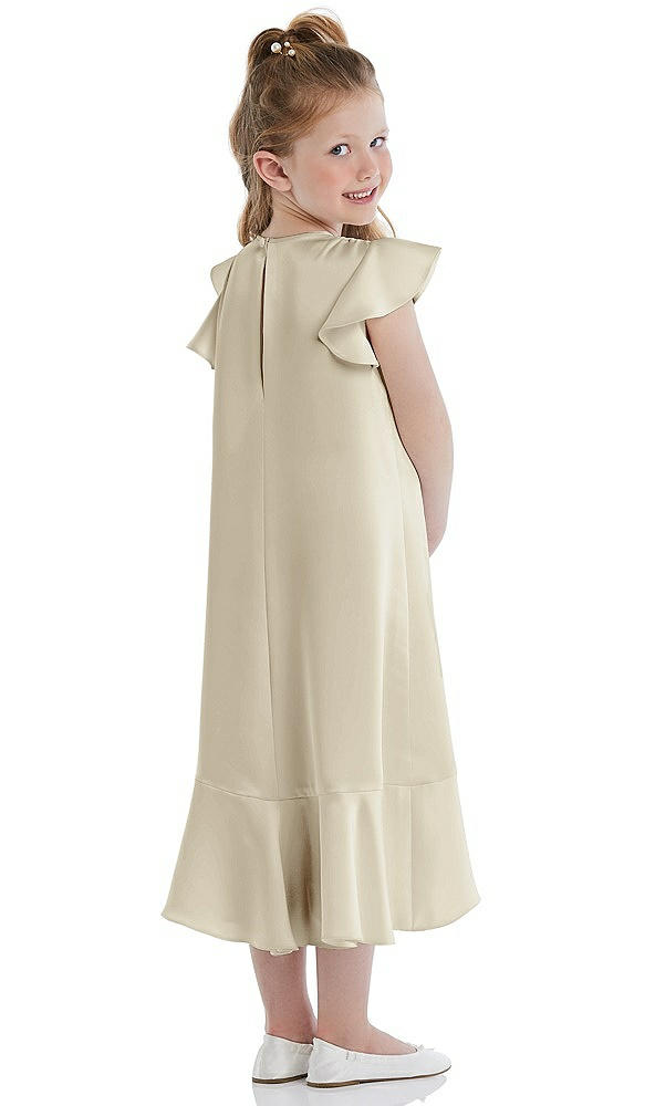 Back View - Champagne Flutter Sleeve Ruffle-Hem Satin Flower Girl Dress