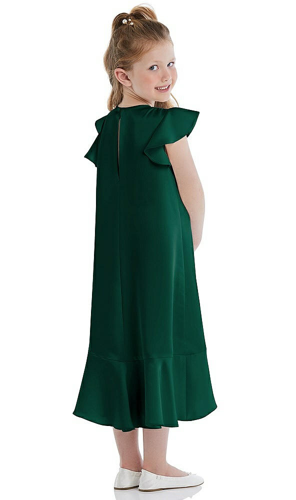 Back View - Hunter Green Flutter Sleeve Ruffle-Hem Satin Flower Girl Dress