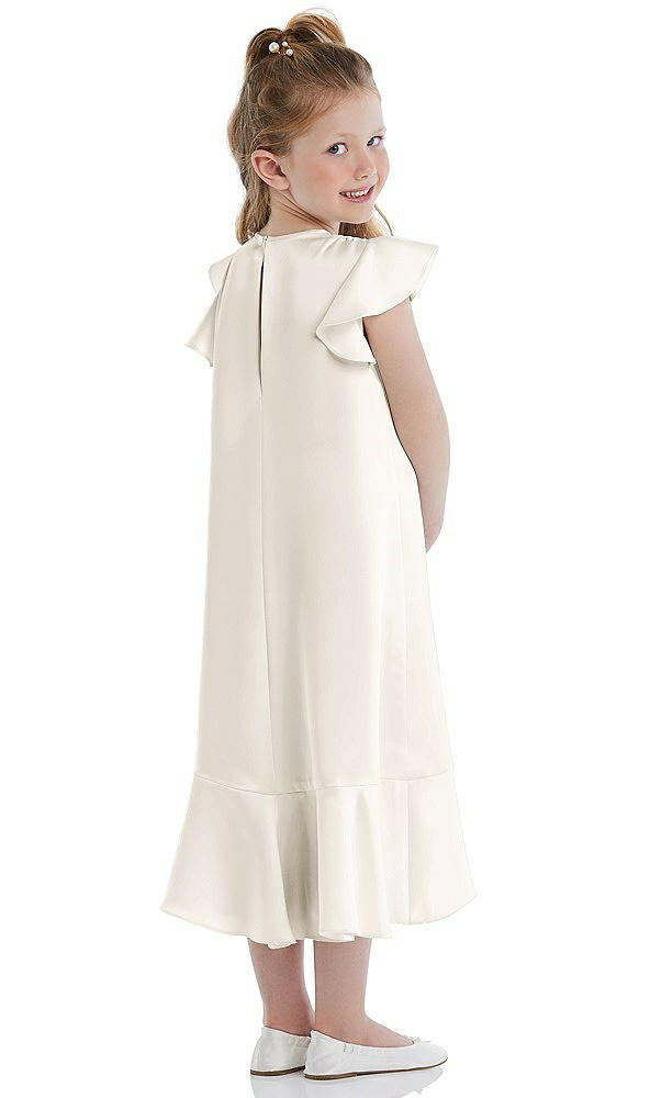 Back View - Ivory Flutter Sleeve Ruffle-Hem Satin Flower Girl Dress