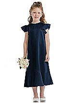 Front View Thumbnail - Midnight Navy Flutter Sleeve Ruffle-Hem Satin Flower Girl Dress