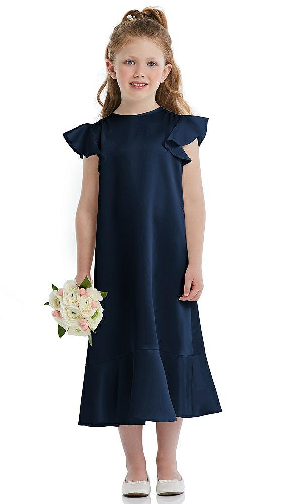 Front View - Midnight Navy Flutter Sleeve Ruffle-Hem Satin Flower Girl Dress