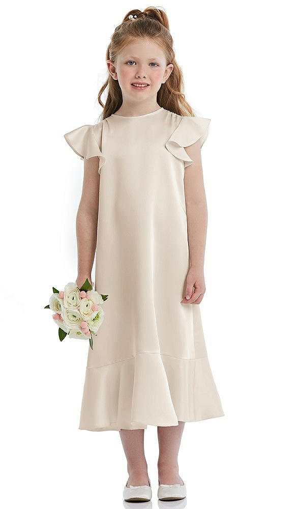 Front View - Oat Flutter Sleeve Ruffle-Hem Satin Flower Girl Dress