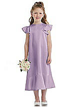 Front View Thumbnail - Pale Purple Flutter Sleeve Ruffle-Hem Satin Flower Girl Dress