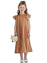 Front View Thumbnail - Toffee Flutter Sleeve Ruffle-Hem Satin Flower Girl Dress