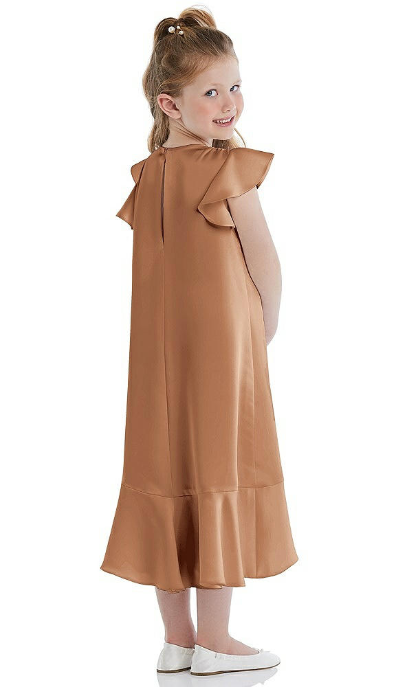 Back View - Toffee Flutter Sleeve Ruffle-Hem Satin Flower Girl Dress