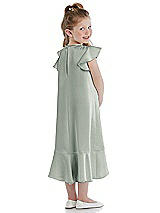 Rear View Thumbnail - Willow Green Flutter Sleeve Ruffle-Hem Satin Flower Girl Dress