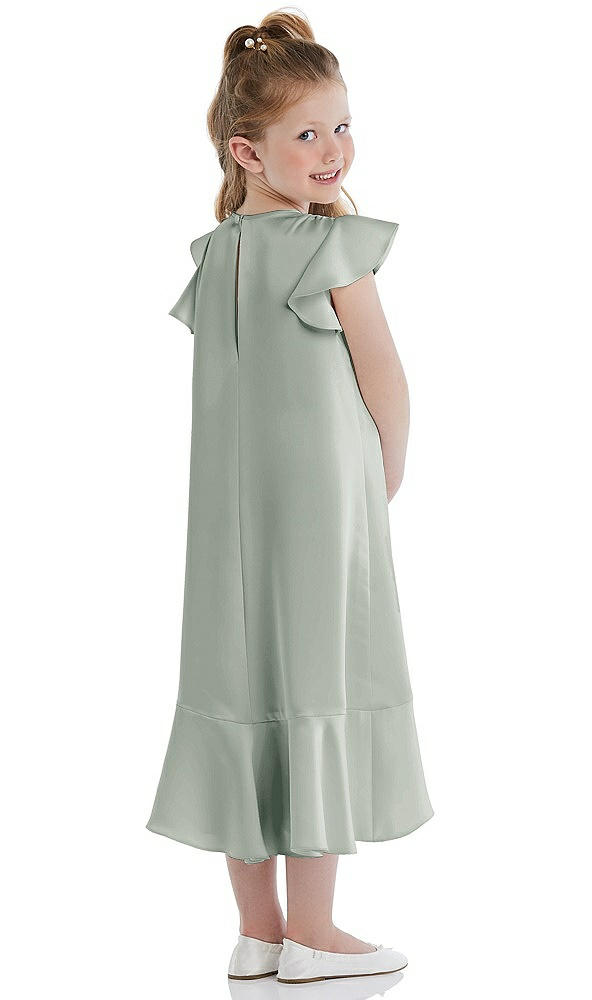 Back View - Willow Green Flutter Sleeve Ruffle-Hem Satin Flower Girl Dress