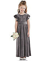 Front View Thumbnail - Caviar Gray Ruched Flutter Sleeve Velvet Flower Girl Dress with Sash