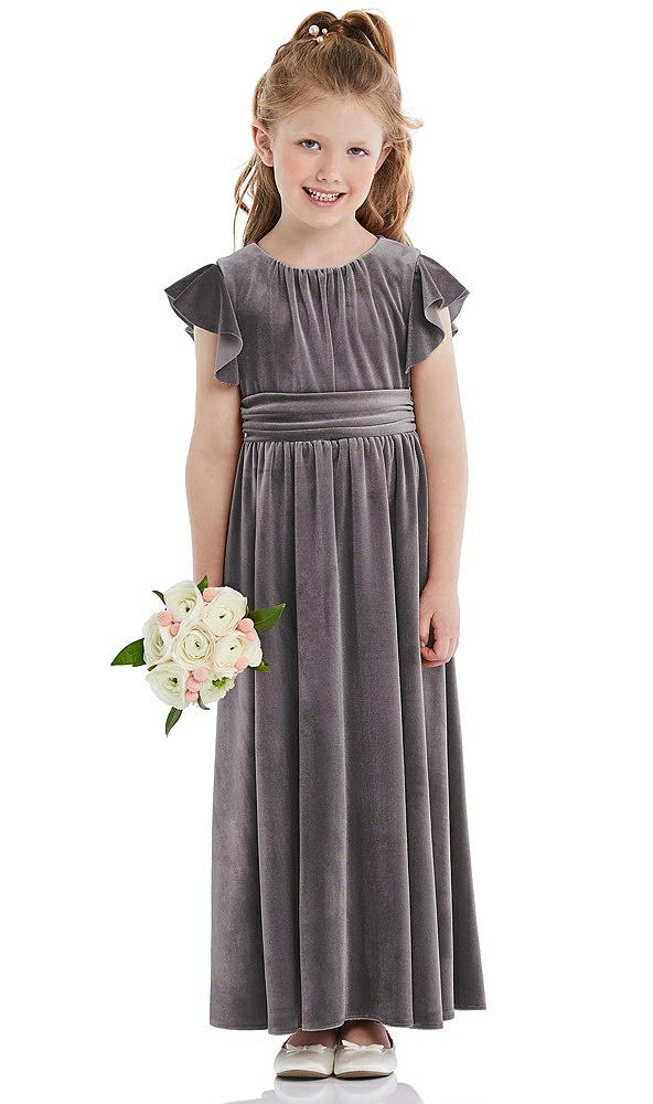 Front View - Caviar Gray Ruched Flutter Sleeve Velvet Flower Girl Dress with Sash