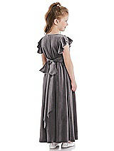 Rear View Thumbnail - Caviar Gray Ruched Flutter Sleeve Velvet Flower Girl Dress with Sash