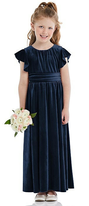 Ruched Flutter Sleeve Velvet Flower Girl Dress with Sash