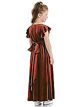 Rear View Thumbnail - Auburn Moon Ruched Flutter Sleeve Velvet Flower Girl Dress with Sash