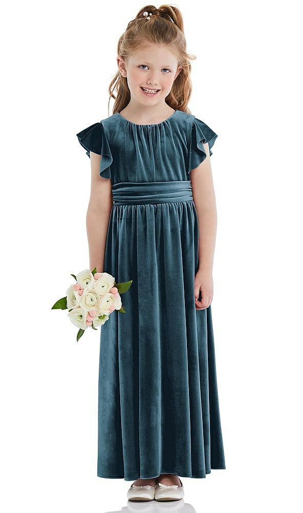 Front View - Dutch Blue Ruched Flutter Sleeve Velvet Flower Girl Dress with Sash