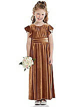 Front View Thumbnail - Golden Almond Ruched Flutter Sleeve Velvet Flower Girl Dress with Sash