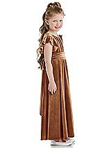 Side View Thumbnail - Golden Almond Ruched Flutter Sleeve Velvet Flower Girl Dress with Sash