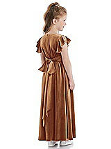 Rear View Thumbnail - Golden Almond Ruched Flutter Sleeve Velvet Flower Girl Dress with Sash