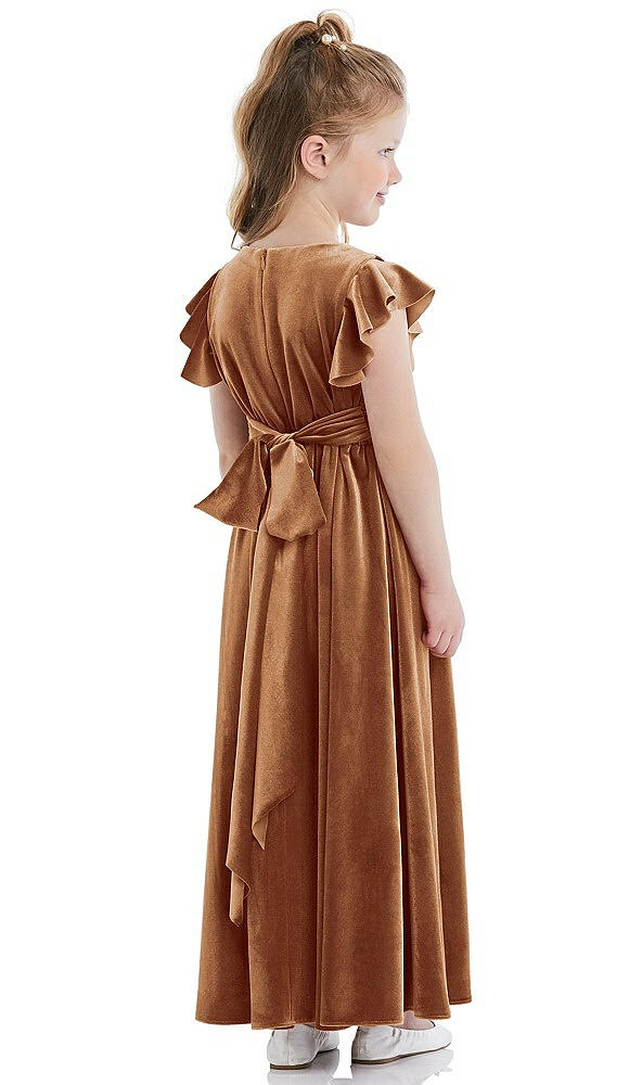 Back View - Golden Almond Ruched Flutter Sleeve Velvet Flower Girl Dress with Sash